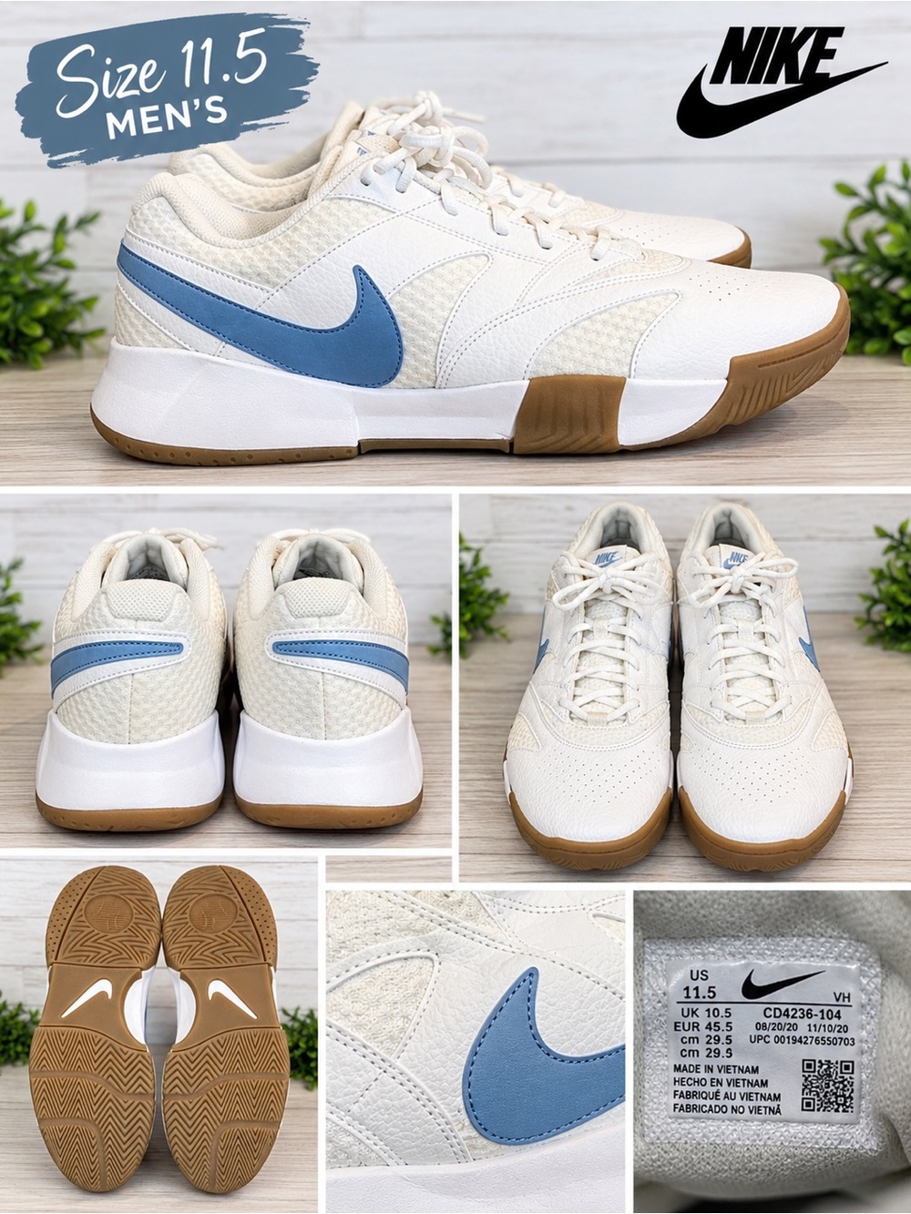 Nike Men's Cream Sneakers with Light Blue Swoosh and Gum Outsole